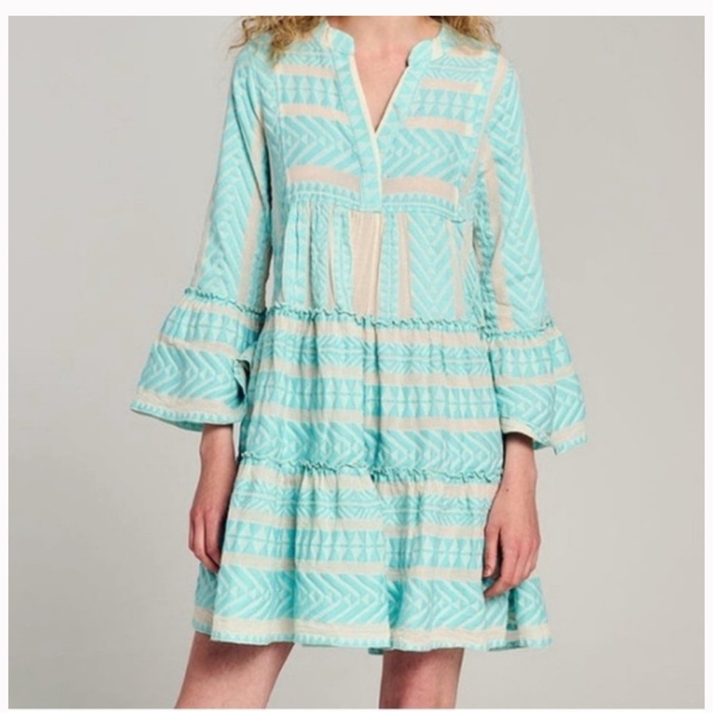 Devotion TWINS Ella Aqua Blue & White Long Sleeve Dress - Size Small - Picture 6 of 14